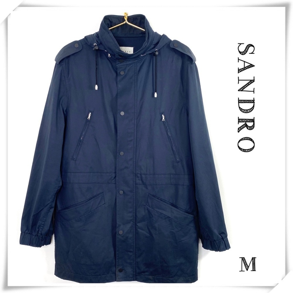 SANDRO Technical Coat Drawstring Hood Utility Jacket in Navy Blue Size M